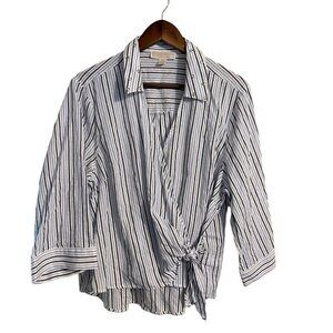 MICHAEL Michael Kors Womens Y2K White Blue Striped Grommets Wrap Tie Blouse XXL